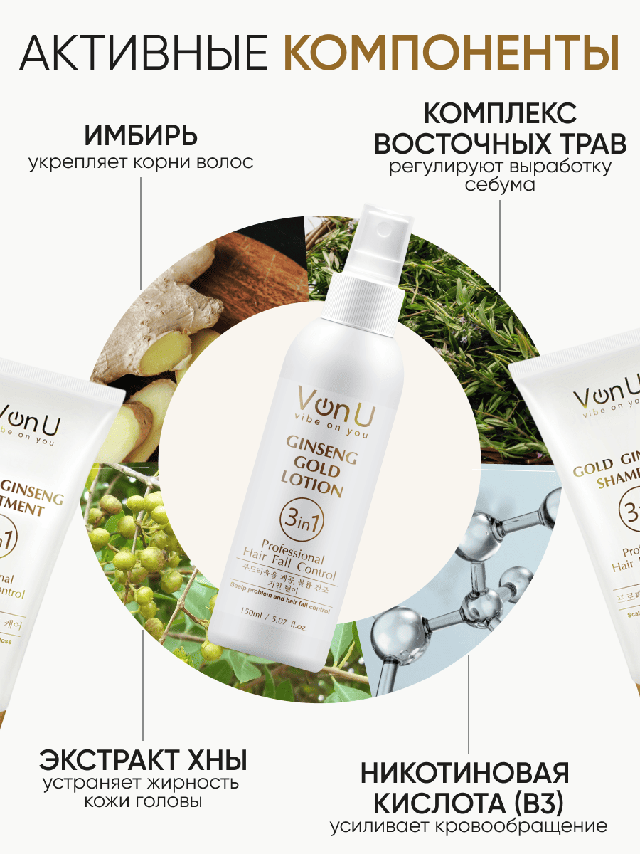 Von-U Набор шампунь 200мл+кондиционер 200мл+лосьон 150м с экстрактом золотого женьшеня Ginseng Gold